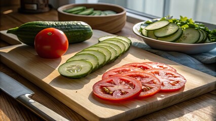 cucumber, tomato slices with knife, natural kitchen light
