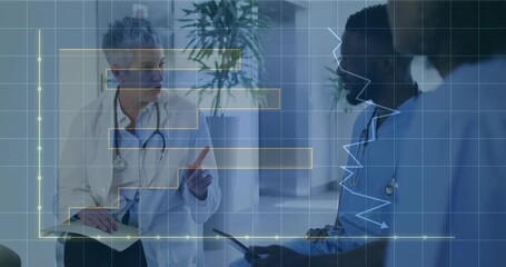 Grid activating ECG display and patient data while doctor pointing and colleague tapping tablet - Powered by Adobe