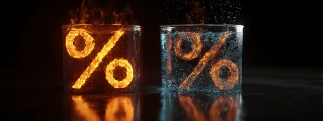 fiery and icy percent symbols inside transparent glass cups with splashing water and fire, concept of contrast and sales.  banner 