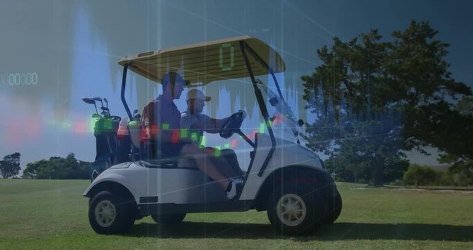 Driver starting cart and propelling golf duo across fairway to tree line as financial graphs rising