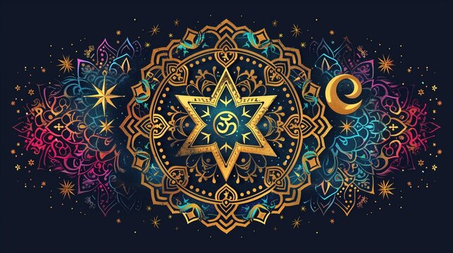 World Interfaith Harmony Week: Artistic illustration of interconnected religious symbols forming beautiful mandala pattern - cross, crescent and star, om symbol, Star of David, dharma wheel