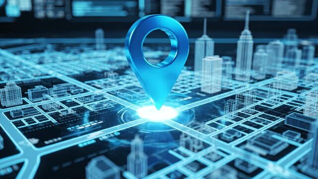 Blue map marker digital city map showing location pin over 3D building grid with glowing streets and futuristic navigation interface expressing precision and direction fused with futuristic city