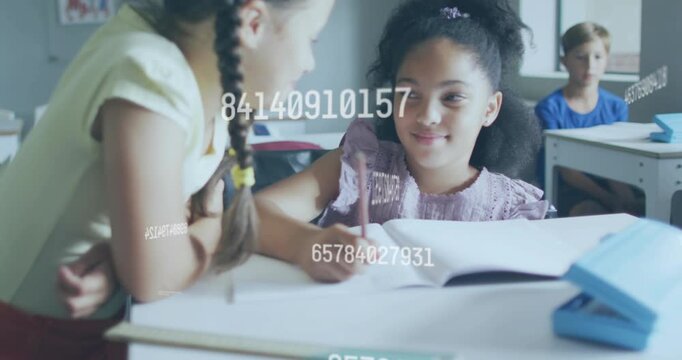 Girl leaning pointing at classmate notes in classroom pausing confirming math with floating numbers