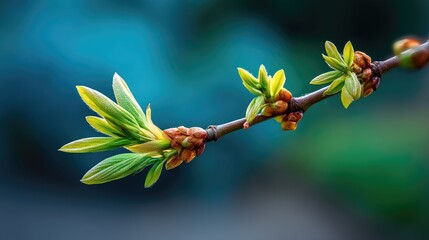 Fresh Green Sprouts Emerging from Branch in Early Spring with Soft Colorful Background Highlighting Nature's Rebirth and Renewal Process