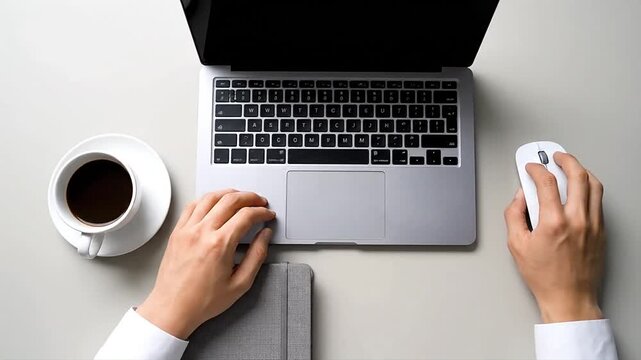 Overhead shot of hands typing on a laptop, surrounded by a coffee cup and computer mouse on a clean, light-colored desk, symbolizing work and productivity.