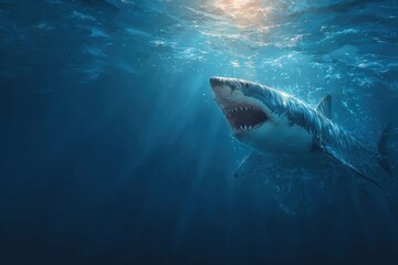 Fototapeta premium Great white shark with open mouth swims in dark ocean waters. It evokes fear and danger, ideal for adventure or thriller themes.