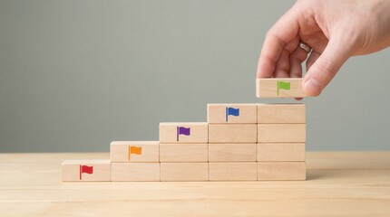 A hand placing a wooden block with a green flag on a rising stack of blocks representing steps towards a successful goal on a bright table with clear light showing progre