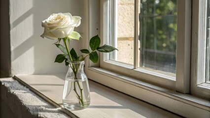 rose in vase, Fresh white rose in clear glass vase near window, neutral background, realistic