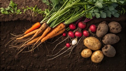 Freshly harvested vegetables placed on soil, roots visible, farm-fresh realism