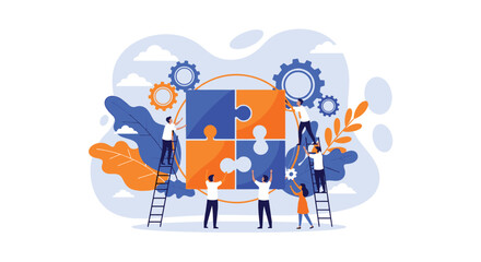 Group of workers using ladders to assemble a giant four-piece orange and blue puzzle surrounded by gears and clouds.