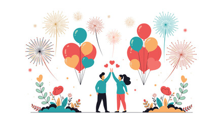 Fototapeta premium Happy couple celebrating with a high-five surrounded by colorful heart balloons, blooming flowers, and bright fireworks.