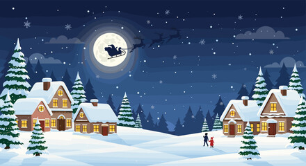 Fototapeta premium Enchanting night scene of Santa Claus flying in his reindeer sleigh over a snowy village under a large full moon.