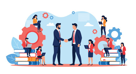 Successful business partnership represented by two men shaking hands surrounded by a dedicated team of employees.