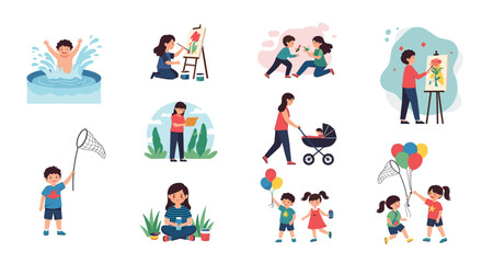 Fototapeta premium Set of children engaging in various fun recreational activities like swimming, painting, walking, and playing outdoors.