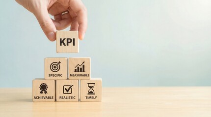 A human hand gently places a wooden block with the letters KPI on top of a pyramid of other wooden cubes clearly representing the specific measurable achievable realistic