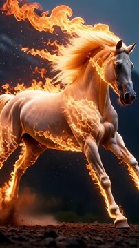 Kuda putih fantastis berlari dengan efek api membara pada tubuh dan surai di latar belakang pegunungan gelap vertikal dramatis