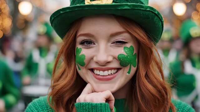 St. Patrick's Day celebration with a smiling woman. Young redhead winking and wearing a leprechaun hat with shamrock face paint. Irish festival and parade background. Festive holiday concept