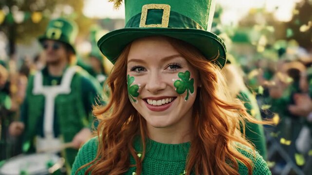 St. Patrick's Day celebration with a smiling woman. Young woman with red hair and shamrock face paint winking at a parade. Festive Irish holiday concept with falling confetti