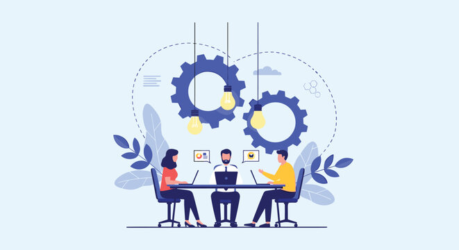 Team of professionals having a collaborative meeting under giant gear and light bulb icons to generate new business ideas. - Powered by Adobe