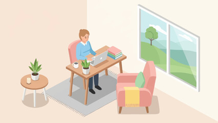 Fototapeta premium Man working on laptop at home office desk with plants and comfortable seating.