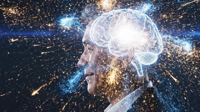 Man translucent glowing brain overlay and light burst representing creativity and neural activity side profile portrait, elderly Asian man thoughtful profile portrait with neural lighting effect