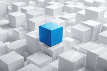 Obraz premium Blue cube stands out in white box arrangement. Concept for individuality, leadership, and uniqueness.