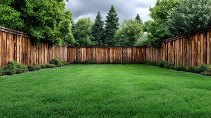 Lush Green Lawn Surrounded by Tall Trees and Wooden Fence Under Cloudy Sky - Perfect for Relaxation in Outdoor Space