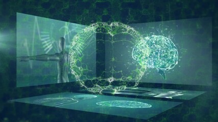 Animation of brain rotating over diverse scientific data on screens on green background - Powered by Adobe