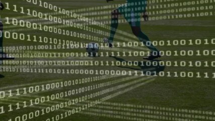 Animation of binary coding over diverse football players on stadium - Powered by Adobe