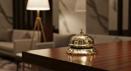 Golden Hotel Bell on Wooden Reception Desk in Upscale Lobby