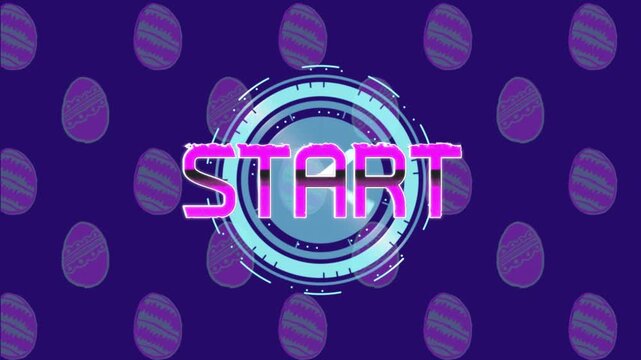 Animation of start text over scope scanning and egg icons on blue background