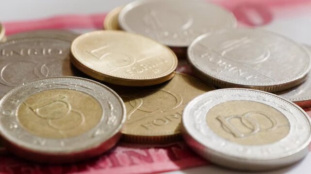 Banknote details of Hungarian forint and coins. High quality 4k footage