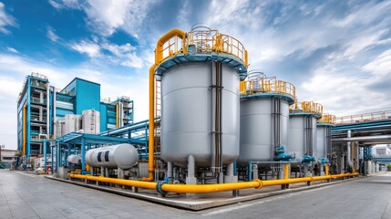 Obraz premium Industrial Facility with Large Storage Tanks and Complex Pipelines under a Blue Sky with Clouds