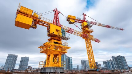Two Tower Cranes Overlook Construction Site with City Skyscrapers Under Partly Cloudy Sky in Urban Landscape
