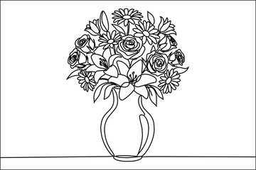 One line flower bouquet in vase minimalist outline illustration in black and white