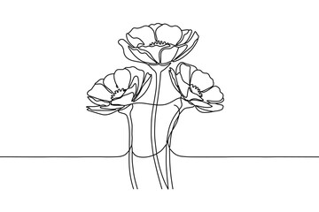 Three flowers one line minimalist floral outline illustration in black and white