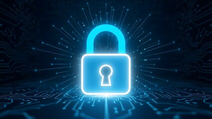 Glowing blue lock icon representing cybersecurity and data protection