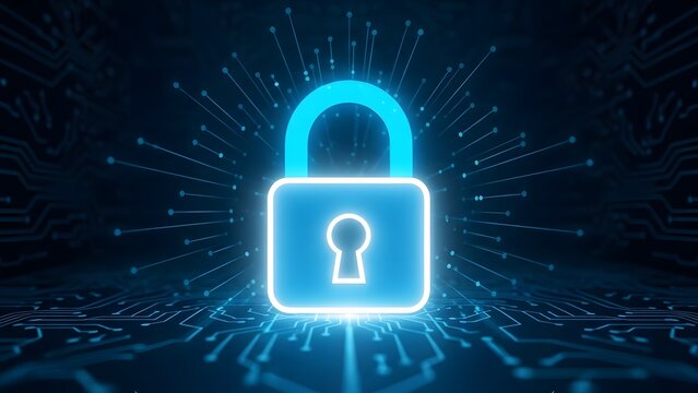 Glowing blue lock icon representing cybersecurity and data protection - Powered by Adobe