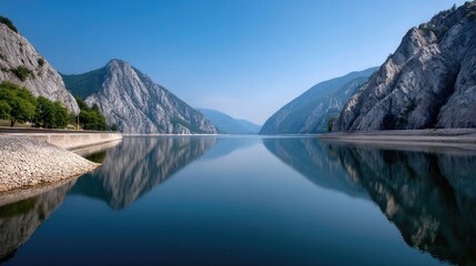 Fototapeta premium Serene Mountain Lake with Crystal Clear Water Reflecting Rocky Cliffs Under a Bright Blue Sky in a Tranquil Natural Landscape Setting