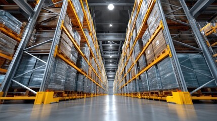 Modern warehouse interior with rows of shelves stacked with goods and pallets in a spacious industrial environment, showcasing efficient storage solutions