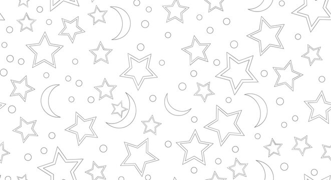 Star and moon seamless pattern with celestial shapes, cosmic background, night sky doodles, decorative astronomy clipart for crafts and designs