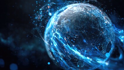 Digital artistry of a blue sphere with flowing energy, set against a dark, cosmic background