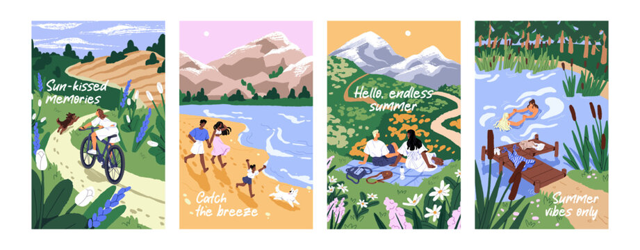 Designs of postcards with summer vacation landscapes set. Templates of cards with people having a picnic, swimming, walking outdoors on holidays. Posters with rest in nature. Flat vector illustrations