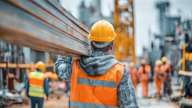 Construction worker carrying steel beams on shoulder with high visibility vest and yellow helmet on a busy construction site bright daylight