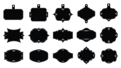 Collection of diverse black silhouette tag shapes on a white background