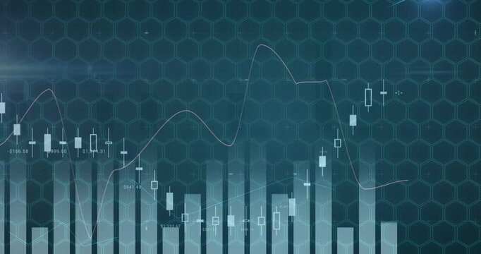 Statistical data processing against hexagonal shape pattern design on blue background