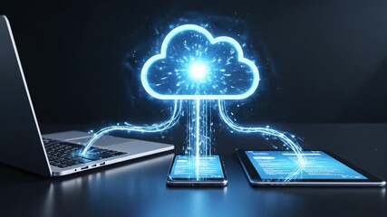 Cloud sync connection glowing above laptop phone tablet data transfer network digital sync connection with secure cloud storage, glowing streams and neon data transfer between devices - Powered by Adobe