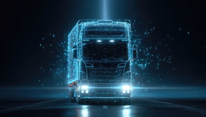 A glowing digital semi-truck, formed of light, emitting trails on a dark, blurred background
