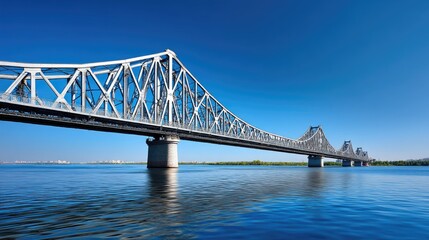 Fototapeta premium Stunning Steel Arch Bridge Spanning Calm Water Under Clear Blue Sky, Showcasing Modern Engineering and Scenic Beauty in Urban Landscape