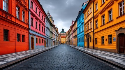 Obraz premium Vibrant Urban Street with Colorful Buildings and Cobblestone Pavement under Dramatic Sky in Historic City Center